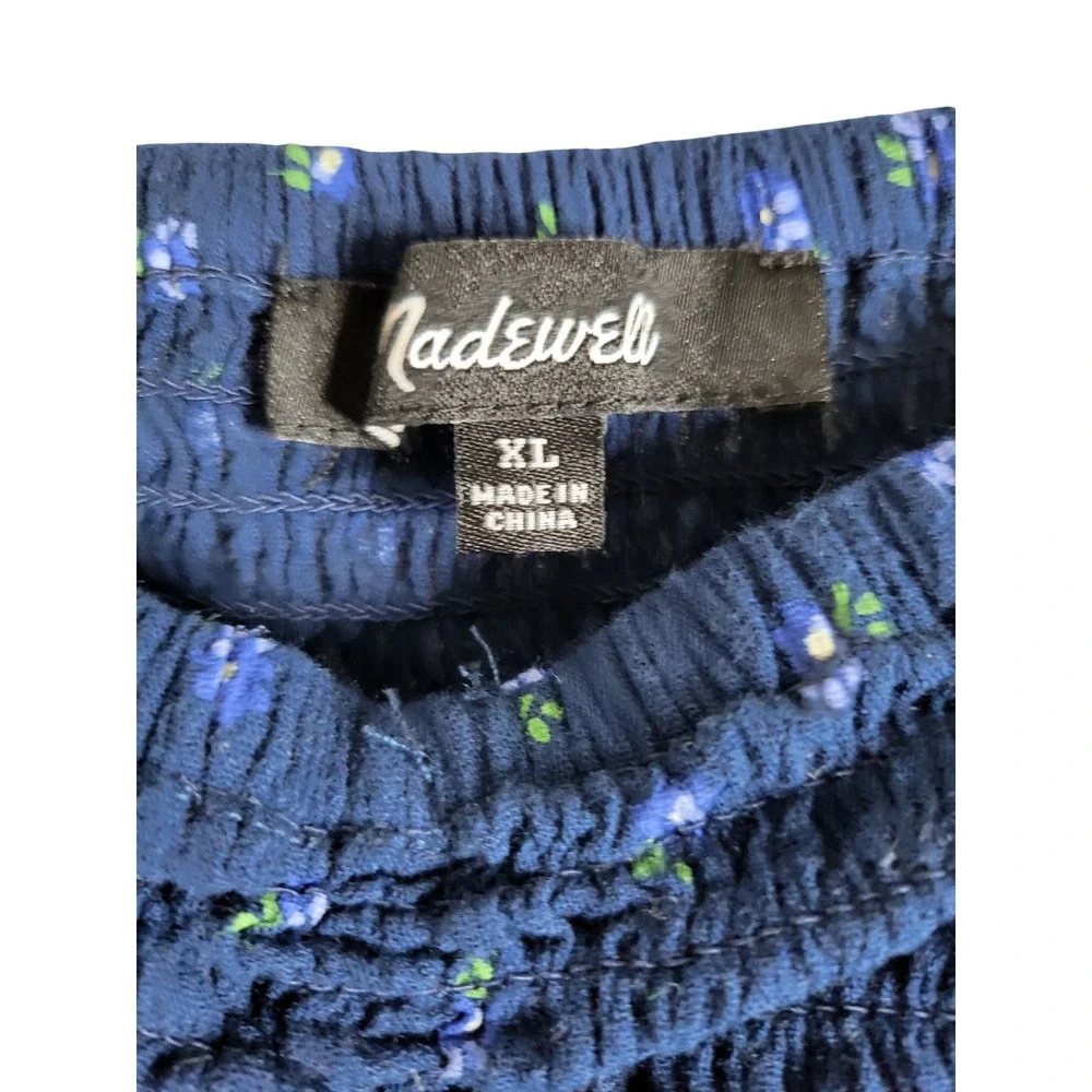 Madewell Smocked Long Sleeve Top Navy Floral Square Neck Blouse XL Cottage core